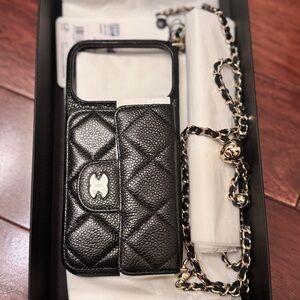 AUTHENTIC - CHANEL Black Leather Quilted iphone 17 Promax Case with Chain